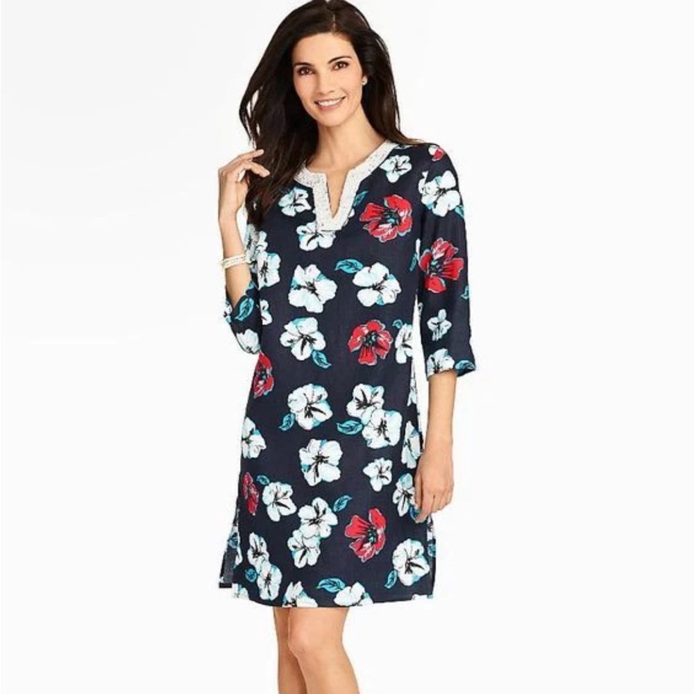 Talbots Blue Hibiscus Floral Beaded Beach Linen Tunic Swim Cover-Up Women’s S